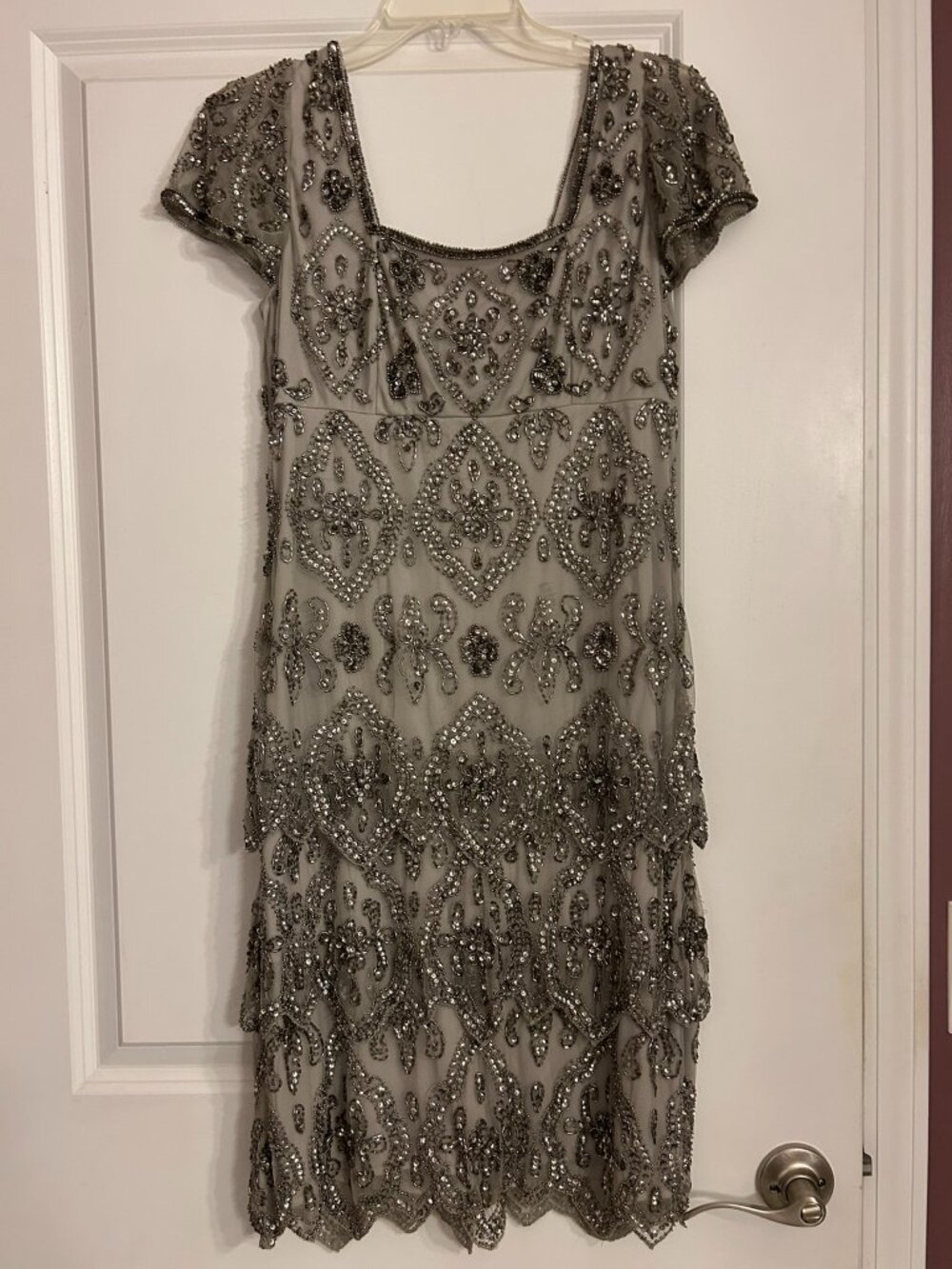 Pisarro Nights Pewter Elegant Sequin Embellished Dress SZ 8